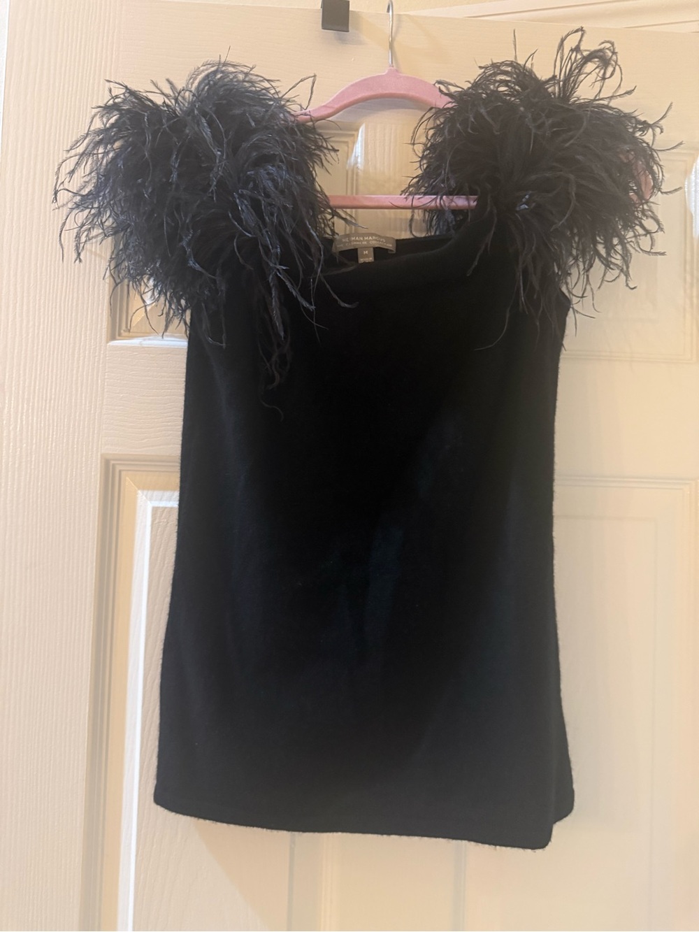 Neiman Marcus 100% Cashmere Black Feather-Trim Tank Sweater